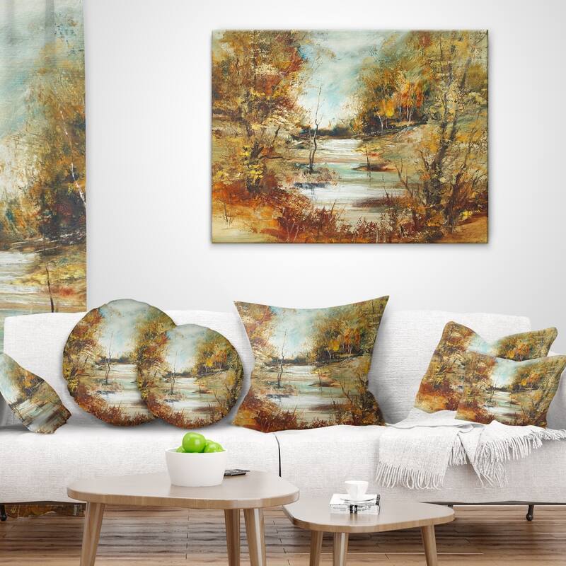 Designart 'Brown River in Forest' Landscape Painting Throw Pillow