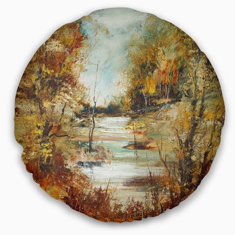 Designart 'Brown River in Forest' Landscape Painting Throw Pillow
