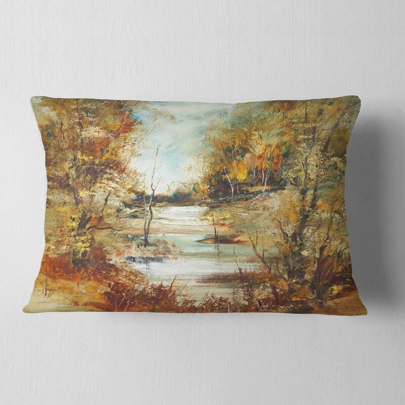 Designart 'Brown River in Forest' Landscape Painting Throw Pillow
