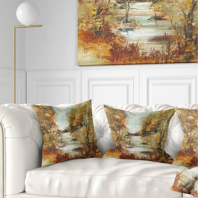 Designart 'Brown River in Forest' Landscape Painting Throw Pillow - Square - 18 in. x 18 in. - Medium