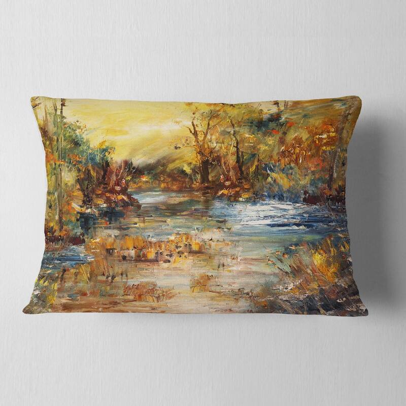 Designart 'River in Forest Oil Painting' Landscape Painting Throw Pillow