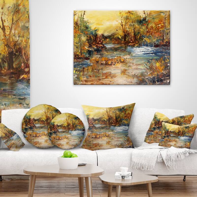 Designart 'River in Forest Oil Painting' Landscape Painting Throw Pillow