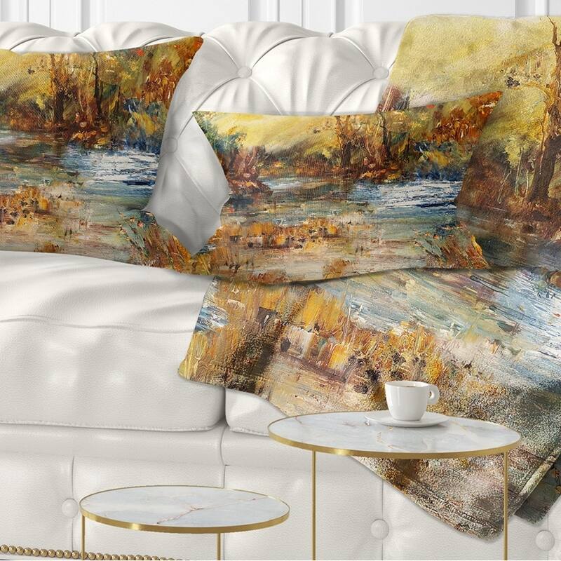 Designart 'River in Forest Oil Painting' Landscape Painting Throw Pillow - Rectangle - 12 in. x 20 in. - Medium