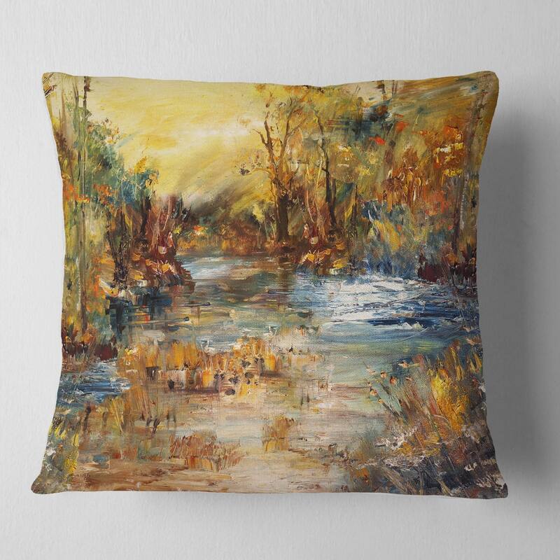Designart 'River in Forest Oil Painting' Landscape Painting Throw Pillow