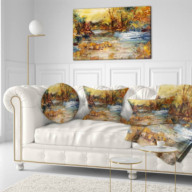 Designart 'River in Forest Oil Painting' Landscape Painting Throw Pillow