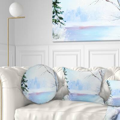 Designart 'Frozen River Oil Painting' Landscape Painting Throw Pillow