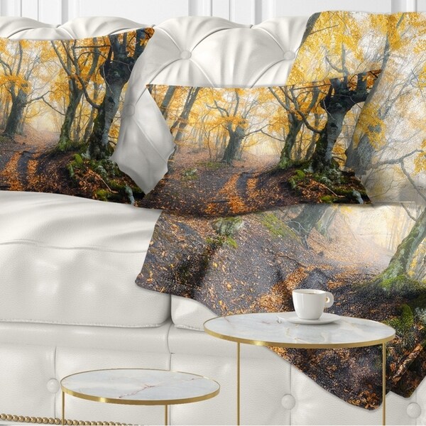 Designart 'Dark Yellow Old Forest in Fog' Landscape Photography Throw Pillow