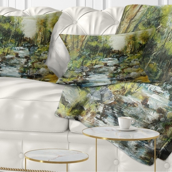 Designart 'Rocky Terrain with Creek' Landscape Painting Throw Pillow