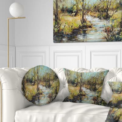Designart 'Creek and Woods Oil Painting' Landscape Painting Throw Pillow