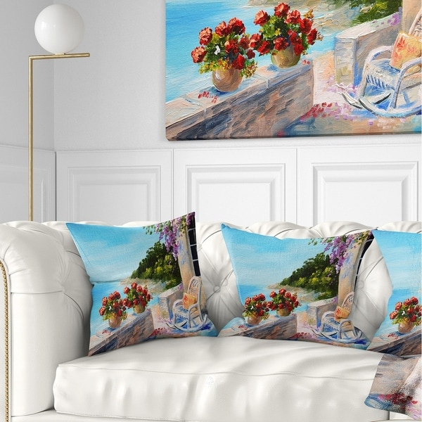 Designart 'Balcony Near the Sea' Landscape Painting Throw Pillow