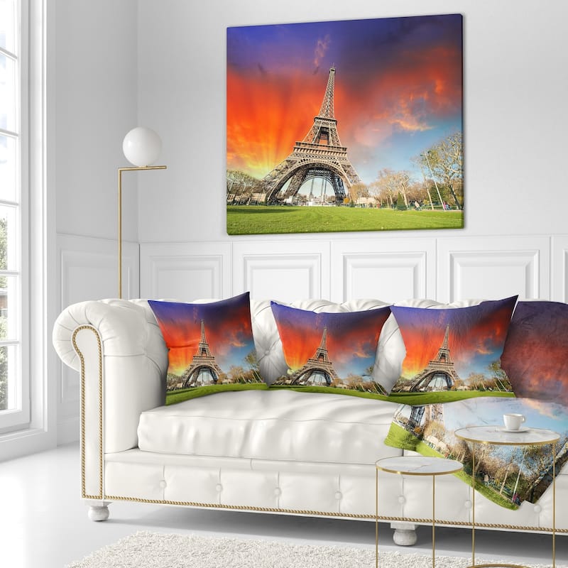 Designart 'Paris Eiffel TowerUnder Colorful Sky' Landscape Photo Throw Pillow