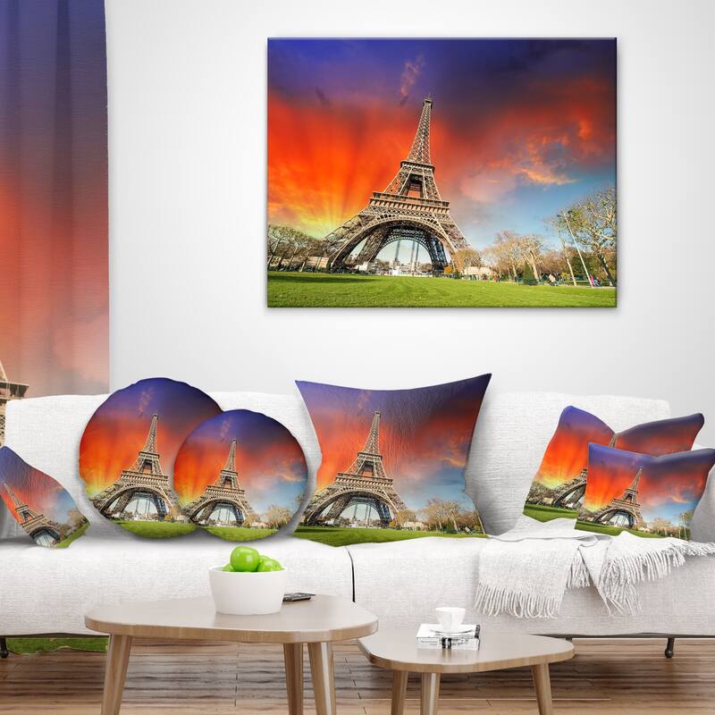 Designart 'Paris Eiffel TowerUnder Colorful Sky' Landscape Photo Throw Pillow