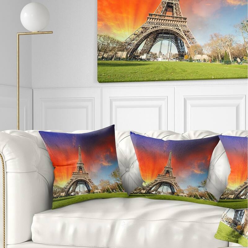 Designart 'Paris Eiffel TowerUnder Colorful Sky' Landscape Photo Throw Pillow - Square - 16 in. x 16 in. - Small