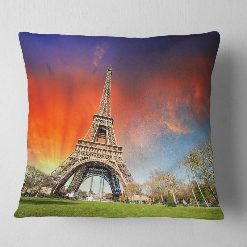 Designart 'Paris Eiffel TowerUnder Colorful Sky' Landscape Photo Throw Pillow