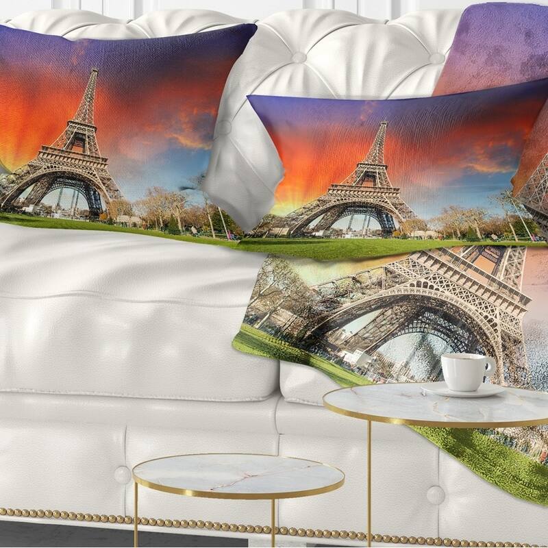 Designart 'Paris Eiffel TowerUnder Colorful Sky' Landscape Photo Throw Pillow - Rectangle - 12 in. x 20 in. - Medium