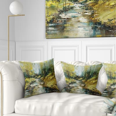Designart 'Creek in the Forest Oil Painting' Landscape Painting Throw Pillow