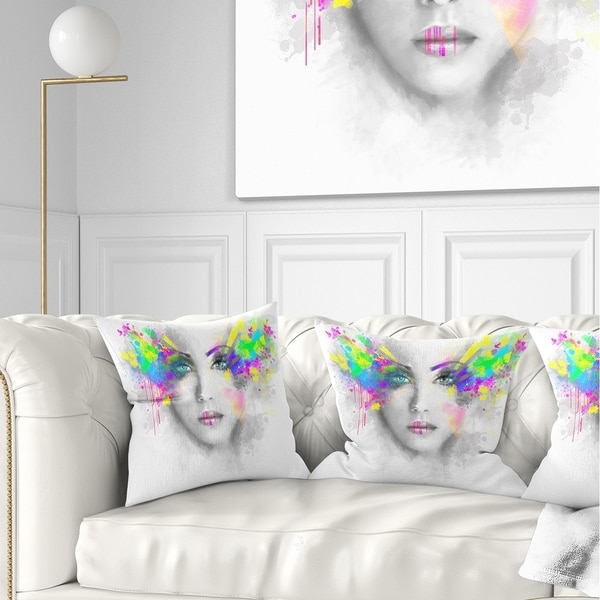 Designart 'Gray Woman with Green Flowers' Abstract Portrait Throw Pillow