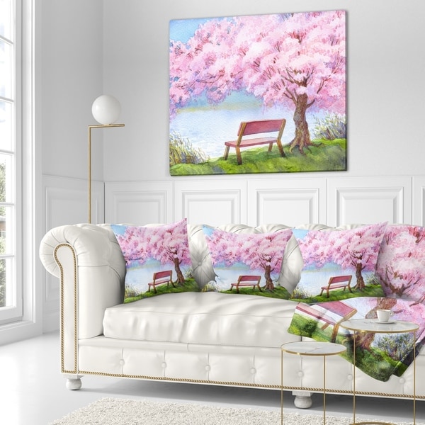 Designart Bench under Flowering Peach Tree Floral Throw Pillow