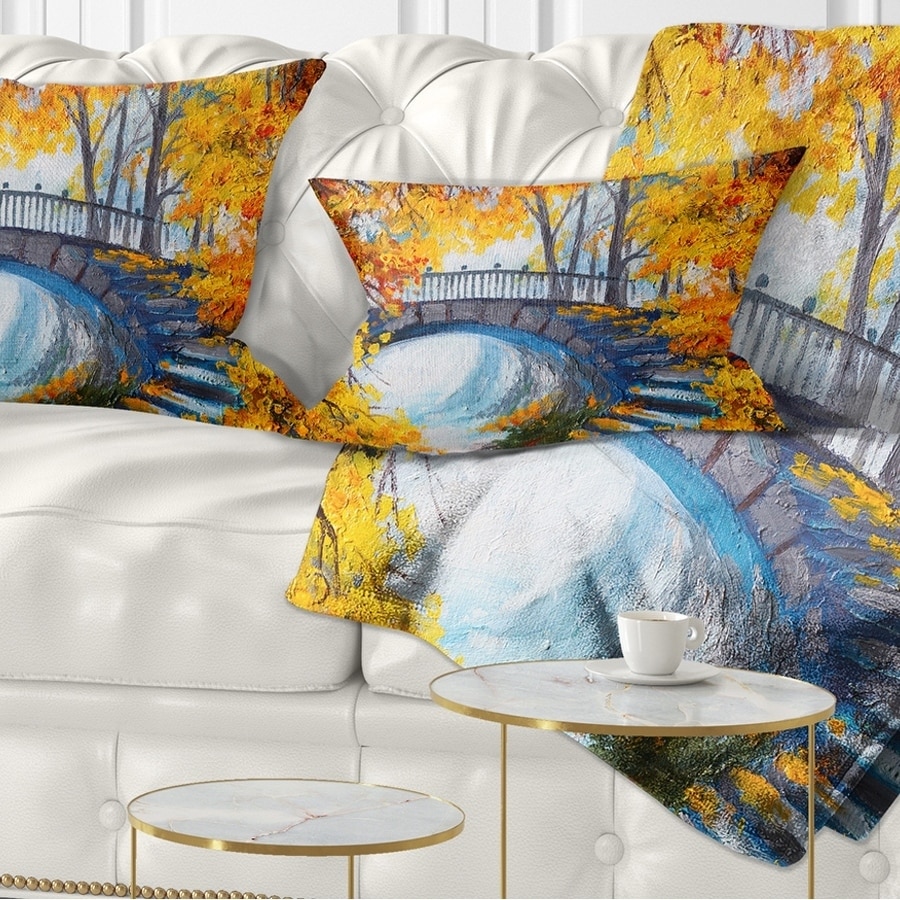 Designart 'Fall Forest with a Bridge' Landscape Printed Throw Pillow