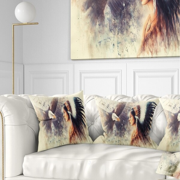 Designart 'Indian Woman and Eagle' Portrait Throw Pillow