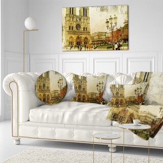 Designart 'notre Dame Cathedral Vintage Card' Contemporary Throw Pillow 