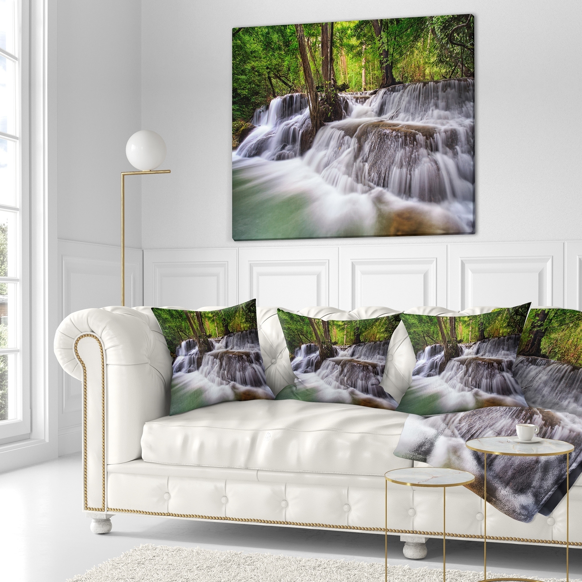 Designart Level Five of Erawan Waterfall - Landscape Printed Throw Pillow -  18x18 