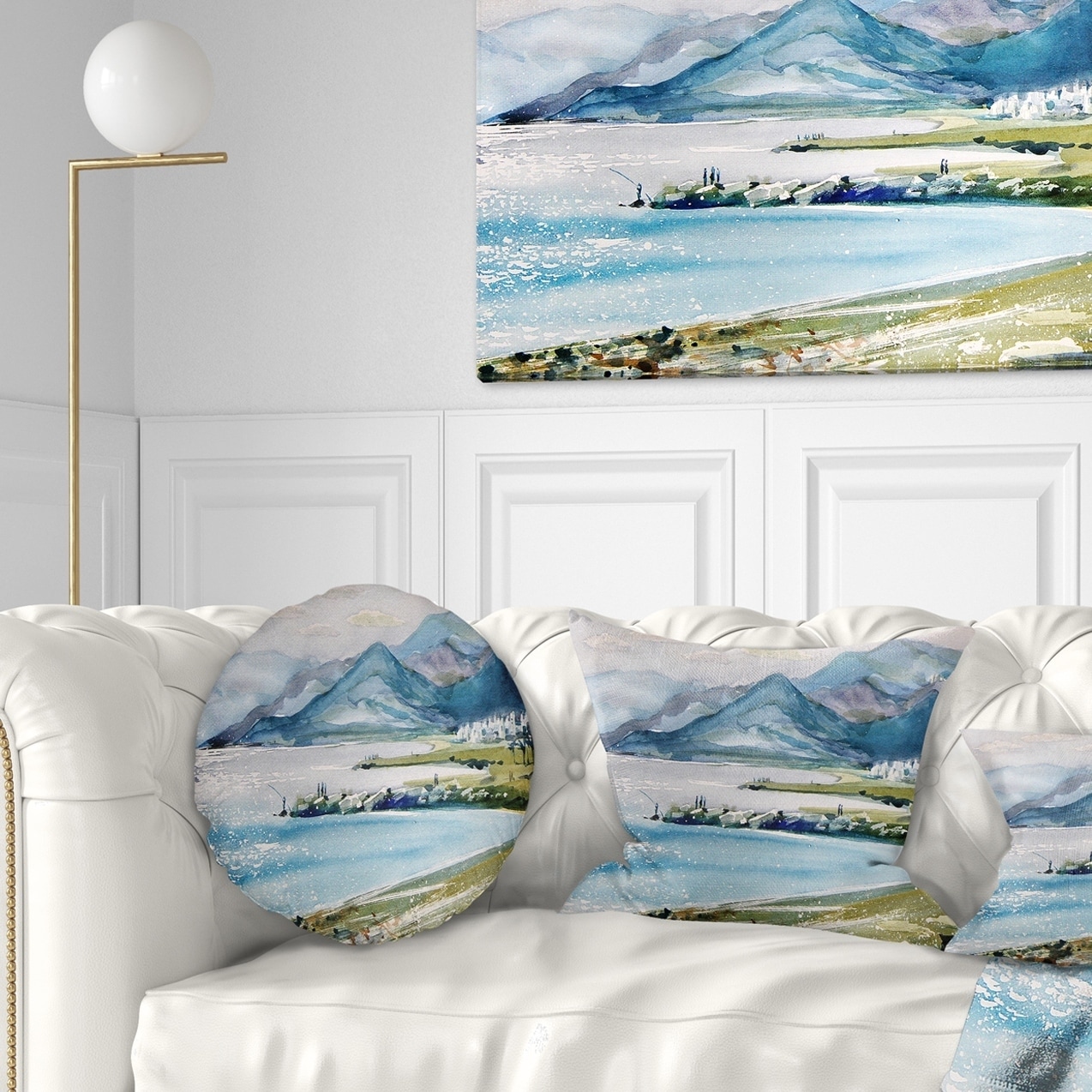 Designart Blue Hills Over Sea Landscape Printed Throw Pillow Square 18 in. x 18 in. Medium