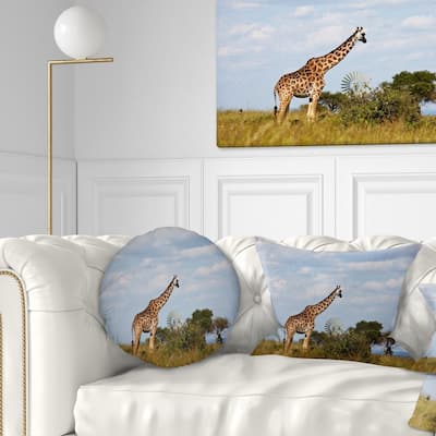 Designart 'Large Giraffe in Savannah' Landscape Printed Throw Pillow