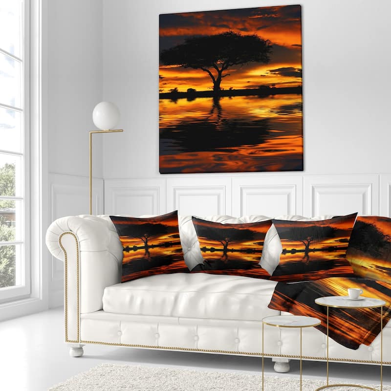 Designart 'Tree Silhouette and Dramatic Sunset' African Landscape Printed Throw Pillow