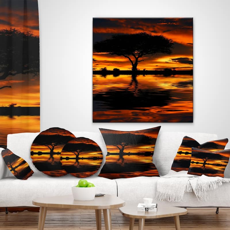 Designart 'Tree Silhouette and Dramatic Sunset' African Landscape Printed Throw Pillow