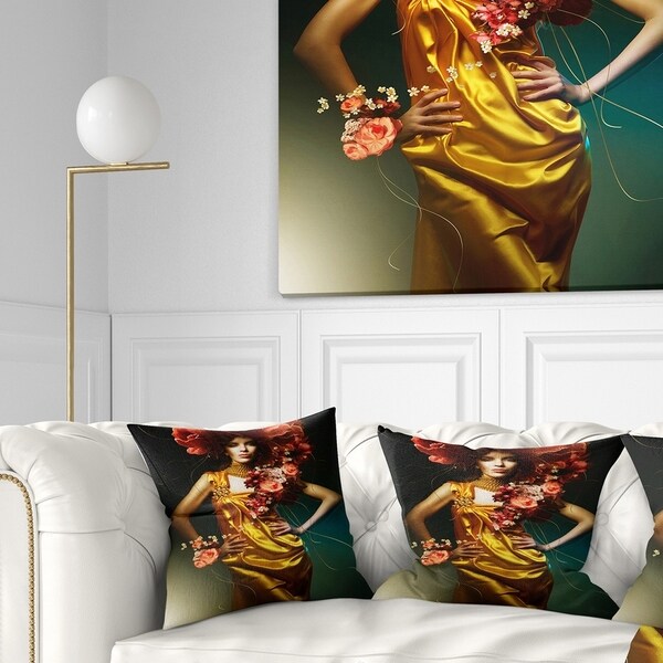 Designart 'Sensual Woman in Yellow Dress' Portrait Throw Pillow