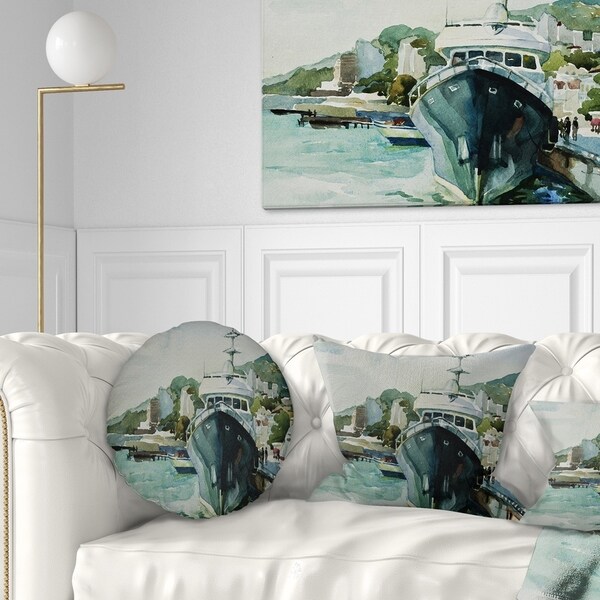 Designart 'Yacht in Port Yalta' Landscape Printed Throw Pillow