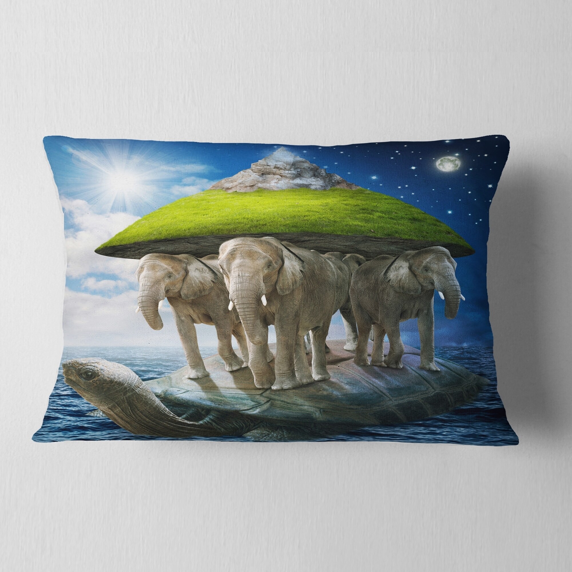 Designart Giant Turtle Carrying Elephants Abstract Throw Pillow - 12 x 20 - White