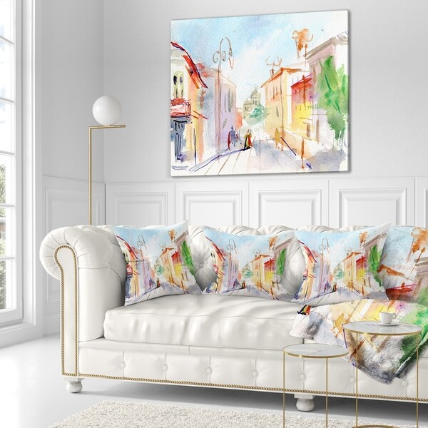 Designart CU7469-12-20 Illustrated Parisian Street Watercolor Cityscape Throw Pillow 12 x 20