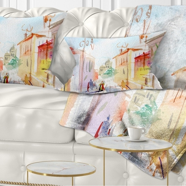 Designart CU7469-12-20 Illustrated Parisian Street Watercolor Cityscape Throw Pillow 12 x 20
