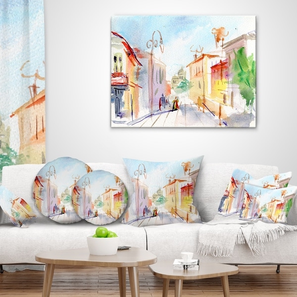 Designart CU7469-12-20 Illustrated Parisian Street Watercolor Cityscape Throw Pillow 12 x 20