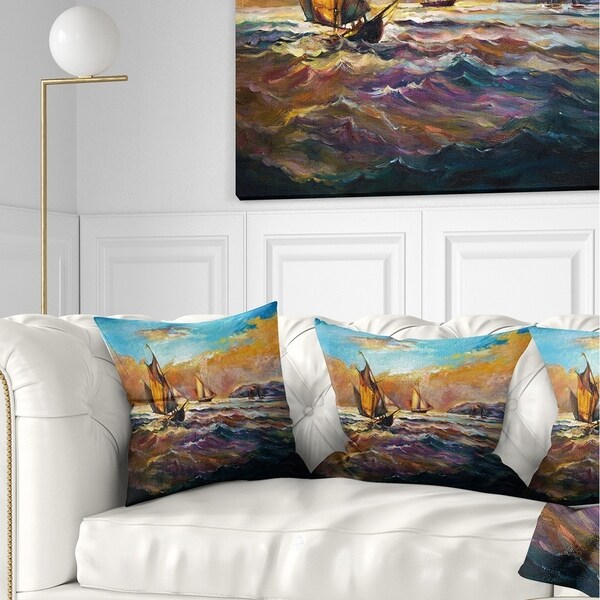 Designart 'Boats in Roaring Sea' Seascape Throw Pillow