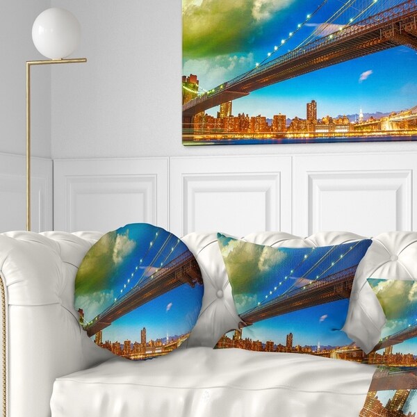 Designart 'Brooklyn Bridge with Cloud in Sky' Cityscape Photo Throw Pillow