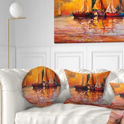 Designart 'Boats and Ocean in Red' Seascape Throw Pillow