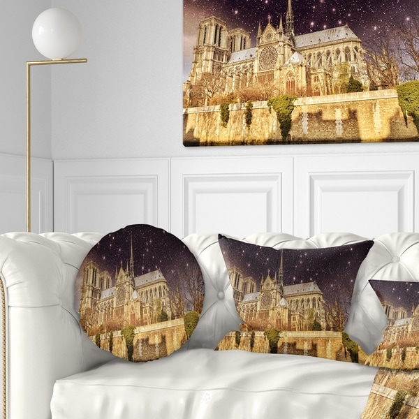 Designart 'Notre Dame Cathedral at Night' Cityscape Photo Throw Pillow