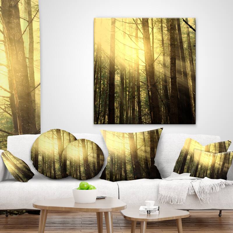 Designart 'Dense Green Sunny Forest' Landscape Printed Throw Pillow