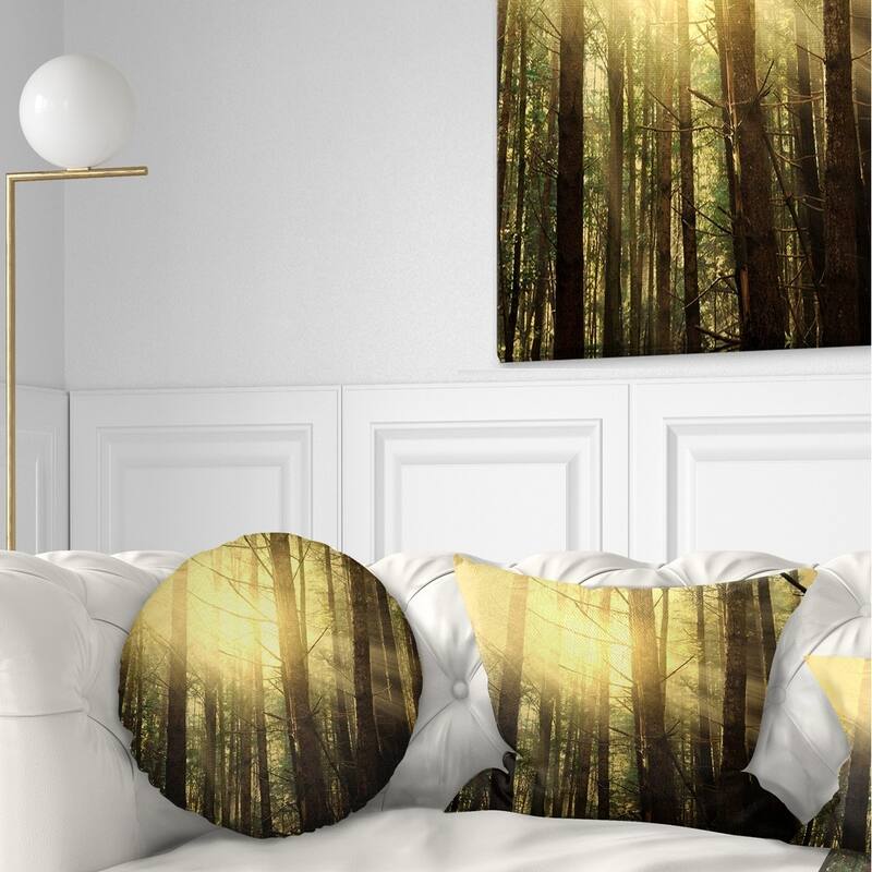 Designart 'Dense Green Sunny Forest' Landscape Printed Throw Pillow - Round - 20 inches round - Large