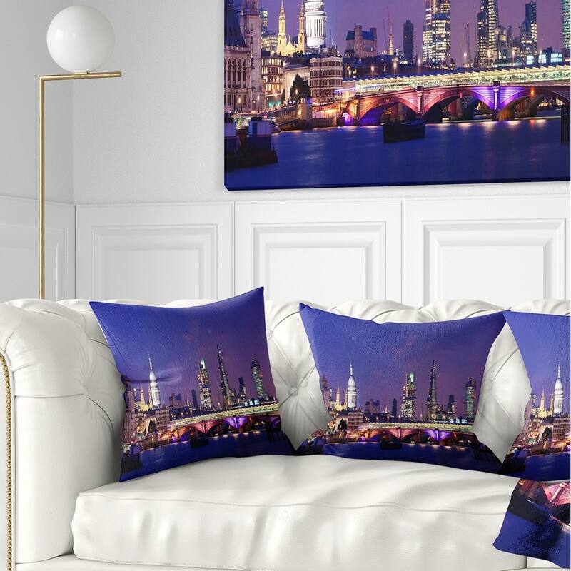 Designart 'London Night Panorama' Cityscape Photo Throw Pillow - Square - 16 in. x 16 in. - Small