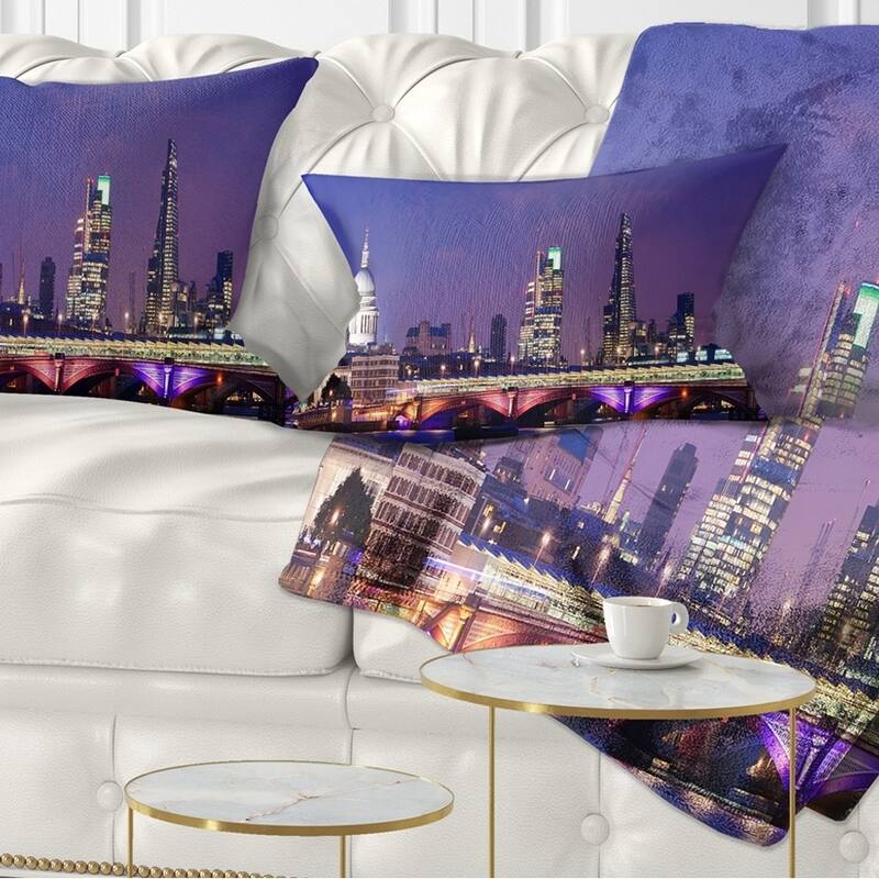 Designart 'London Night Panorama' Cityscape Photo Throw Pillow - Rectangle - 12 in. x 20 in. - Medium