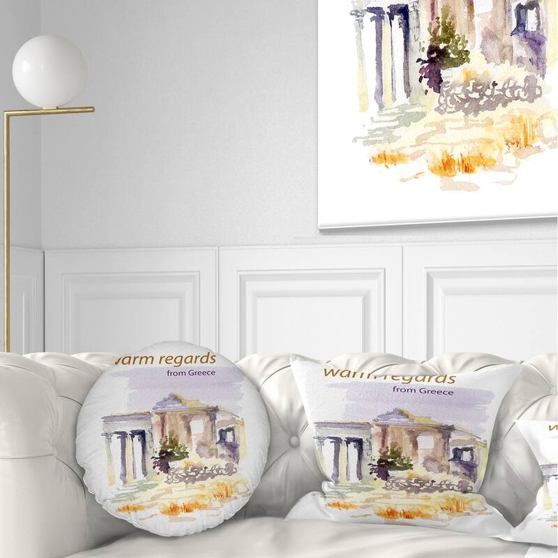 Designart 'Old Greece Vector Illustration' Cityscape Painting Throw Pillow - Round - 16 inches round - Small