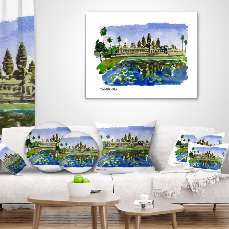 Designart 'Cambodia Vector Illustration' Cityscape Painting Throw Pillow