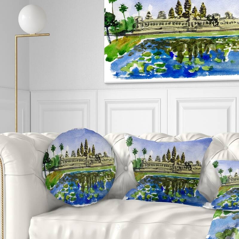 Designart 'Cambodia Vector Illustration' Cityscape Painting Throw Pillow - Round - 16 inches round - Small