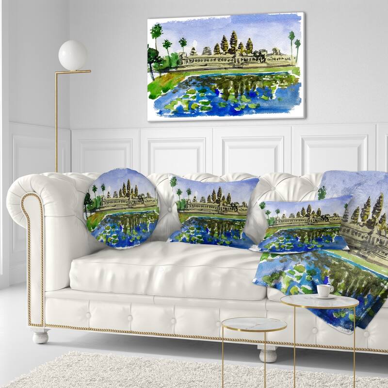Designart 'Cambodia Vector Illustration' Cityscape Painting Throw Pillow