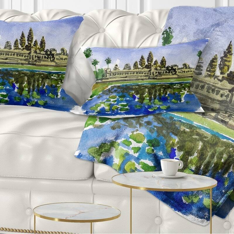 Designart 'Cambodia Vector Illustration' Cityscape Painting Throw Pillow - Rectangle - 12 in. x 20 in. - Medium