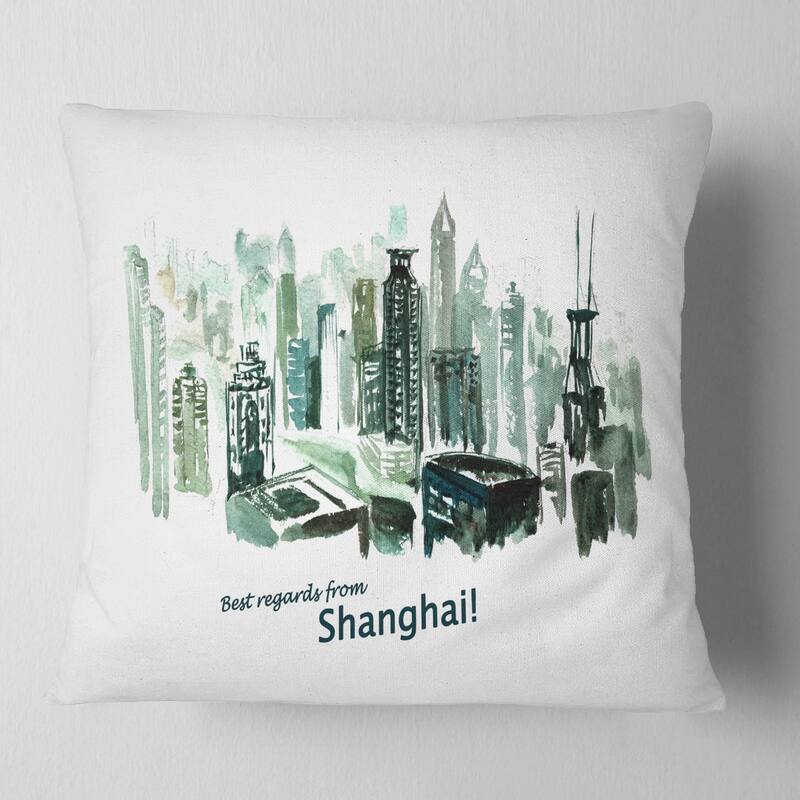 Designart 'Shanghai Vector Illustration' Cityscape Painting Throw Pillow